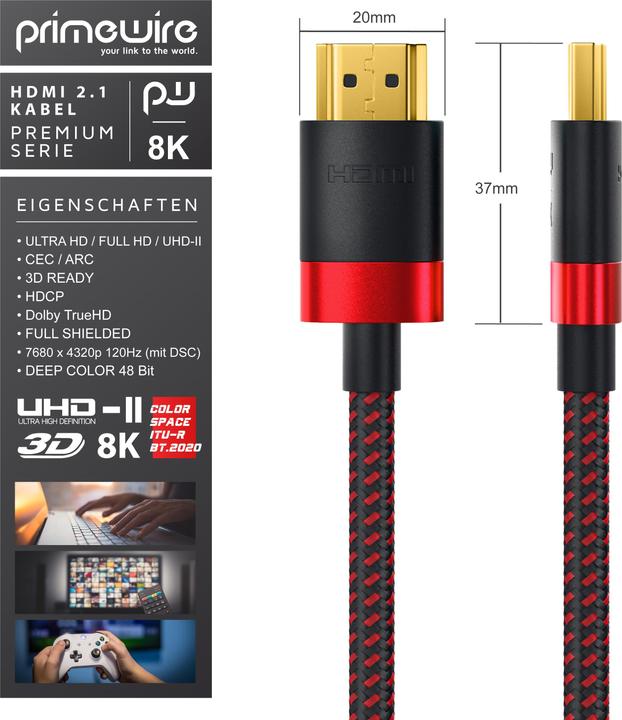 Image du produit Primewire Câble HDMI 2.1, 8K @ 120Hz / 4K @ 240Hz DSC, ultra haute vitesse, gaine en nylon, HDR, ARC (1.50 m, HDMI)