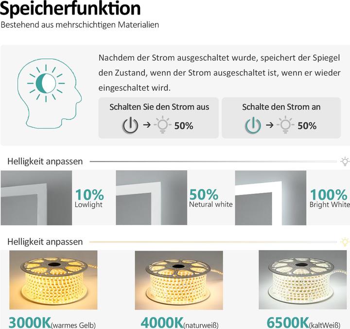 Produktbild Emke Badspiegel mit Beleuchtung Φ60cm, 3 Farbtemperaturen(3000K-6500K) und dimmbaren, Touch Schalter