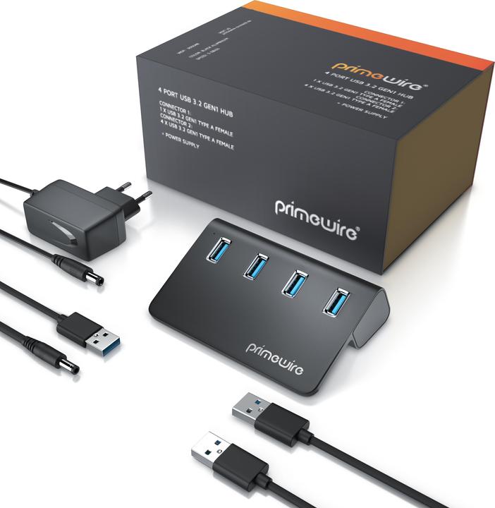 Image du produit Primewire Hub 4 ports USB 3.2 Gen.1 Actif, répartiteur avec alimentation, Hub de données USB 3.0 Super Speed (USB-A, 4 Ports)