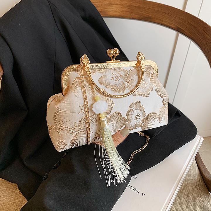 Actual product image Only-Bags.Store Floral pattern evening bag with buckle fastening - fabric shoulder chain purse for special occasions