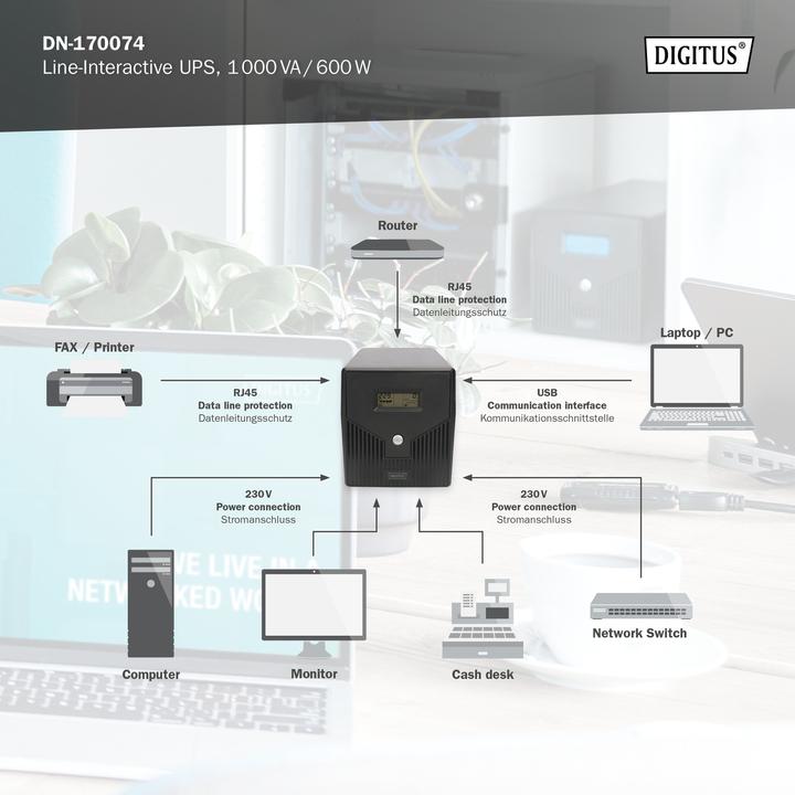 Immagine prodotto Digitus Line Interactive UPS 1000VA/600W nero con LCD 4xSchuko RJ11/RJ45 1xRS232 1xUSB AVR H160xW350xD... (1000 VA, 600 W, Interattivo linea UPS)