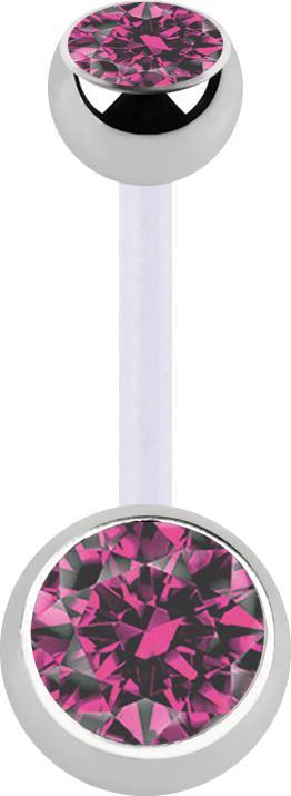 Star Piercing Banane transparent mit zwei Kugeln silber Kristall pink (Chirurgenstahl 316L, ohne Messing, Bioflex)