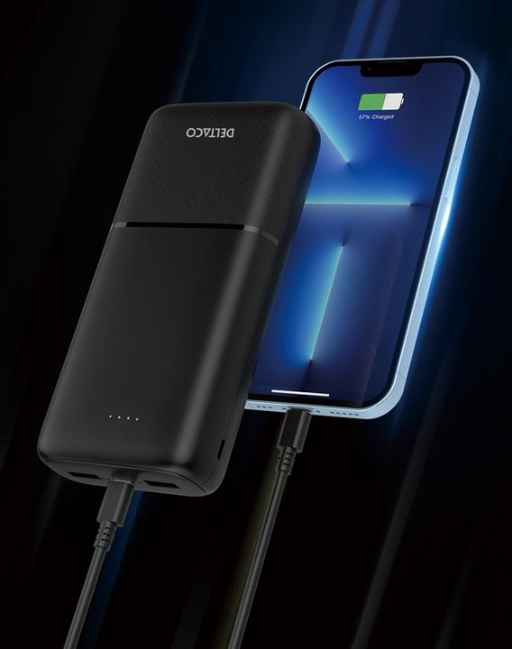 Actual product image Deltaco Powerbank with fast charging, 3 ports, 2x USB-A 18W, 1x USB-C PD 20W, 20,000 mAh black (20000 mAh, 20 W)