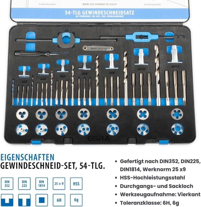 Actual product image GSR 48 pcs HSS threading assortment with internal and external thread guides M3-M12