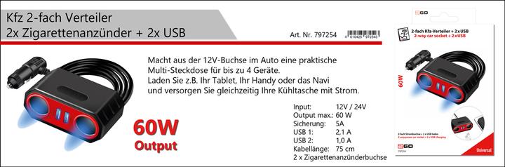 Produktbild 2GO KFZ-2-Fach Verteiler 2x Zigarettenanzünder + 2x USB