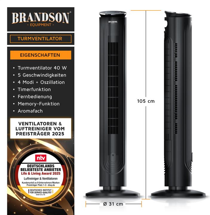 Actual product image Brandson Turmventilator, Fernbedienung, Aromafach, 40 W, Oszillation, 3 Modi, Timer, leise, Standventilator (40 dB)