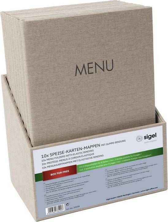 Produktbild Sigel Speisekarten-Mappen mit Gummi-Bindung 10er-Set, inkl. Aufbewahrungsbox gratis, Blindprägung: MENU, m