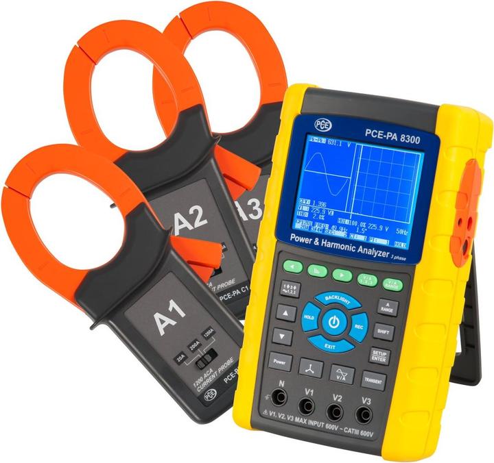 6 x 1, 1 x Leistungsmesser PCE-PA 8300-1, 3 x Stromzangen, 4 x Sicherheitsmessleitungen, 4 x isolierte Krokodilklemmen