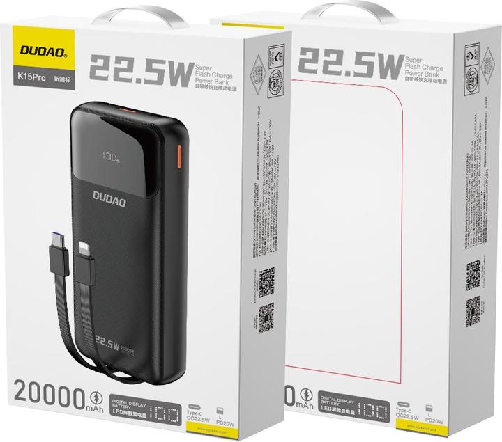 Actual product image Dudao K15Pro 20000mAh 22.5Watt 2x cable Black (20000 mAh, 22.50 W, 22.50 Wh)