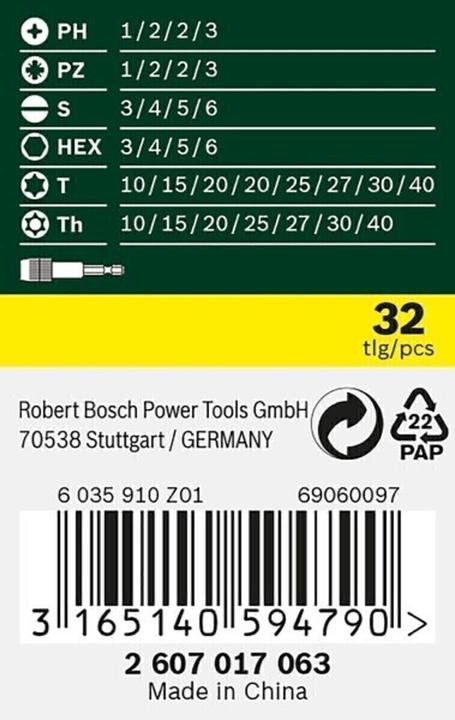 Produktbild Bosch Zubehör Schrauberbit-Set mit Farbcodierung, 32-teilig (Innensechsrund TX M10, Innensechsrund TX M15, Innensechsrund TX M20, Innensechsrund TX M30, Kreuz Phillips PH M1, Kreuz Phillips PH M2, Innensechsrund TX M25, Innensechsrund TX M27, Innensechsrund TX M40, Kreuz Pozidriv PZ M1, Kreuz Pozidriv PZ M2, Kreuz Phillips PH M3, Kreuz Pozidriv PZ M3)