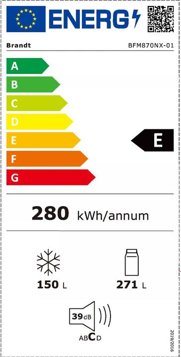 Label énergétique Brandt Amerikaanse Koelkast | Modèle BFM870NX | Vrijstaand | 421 litres | E | RVS (421 l)
