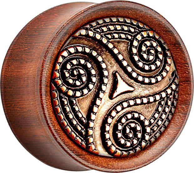 Star Piercing Flared Plug aus Rosenholz gepunkteter Tribal Wirbel (Organisch, Messing)