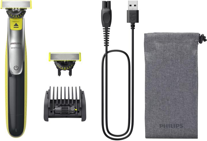 Câble de charge, 1x sac de rangement, 1x lame de rechange extra 360 degrés, 1x peigne réglable
