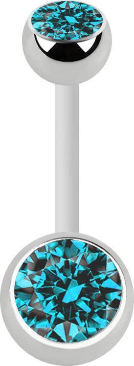 Star Piercing Banane weiss mit zwei Kugeln silber Kristall aqua (Chirurgenstahl 316LMessing, BioflexChirurgenstahl 316Lohne Messing)
