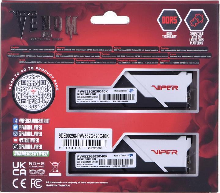 Actual product image Patriot Viper Venom 32GB DDR5 6200-40, PVV532G620C40K (2 x 16GB, 6200 MHz, DDR5 RAM, U-DIMM)