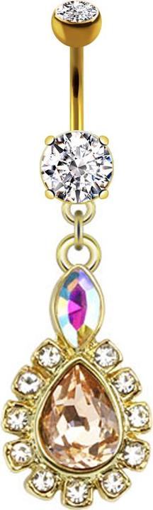 Star Piercing Banane 14k vergoldet mit zwei Kugeln Kristall silber Anhänger Tropfen Kristall umrandet (Messing, Chirurgenstahl 316L)