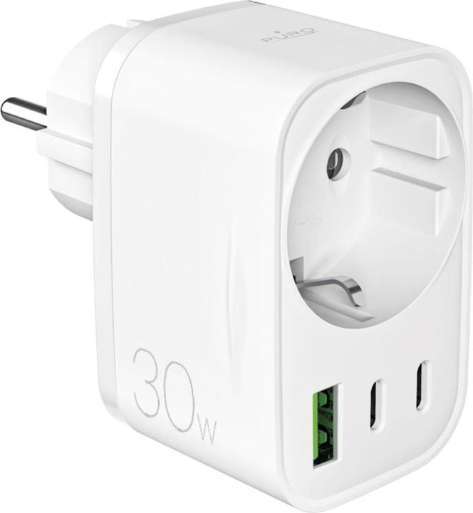 Produktbild Puro 30W Power Delivery Ladegerät mit Schuko Stecker und Buchse 2x USB-C + 1x USB-A - Weiss (30 W)