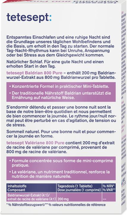 Nutritional values and ingredients Tetesept Valerian 800 Pure Tablets (40 Piece, Pills, 27 g)