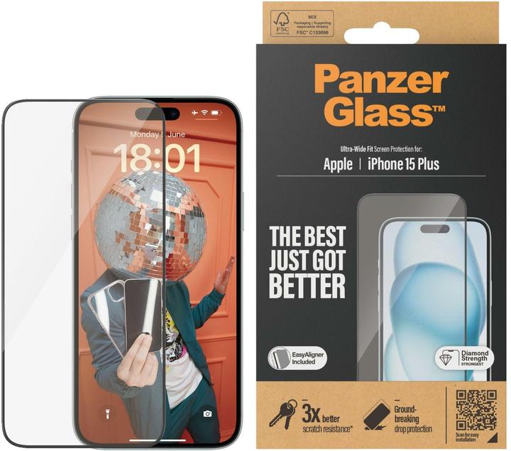 Produktbild PanzerGlass Screen Protector Ultra-Wide Fit w. EasyAligner (1 Stück, Apple iPhone 15 Plus)