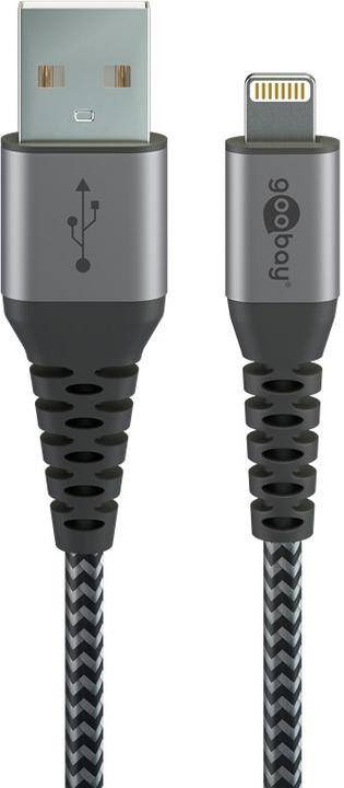 Produktbild Goobay Lightning auf USB-A Textilkabel mit Metallsteckern (space grau/silber) 1 m, 1 m, Schwarz-Grau (1 m, USB 2.0)