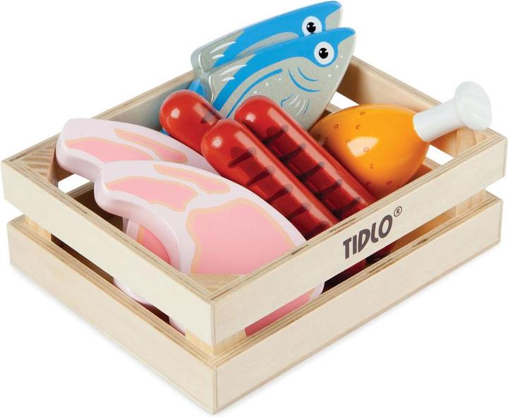 Produktbild Bigjigs Tidlo Holzspielfutter Fleisch und Fisch in Box, 8 Stück.