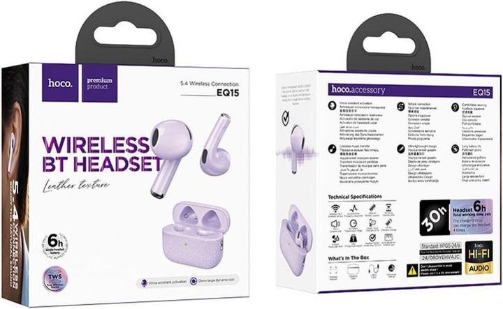 Actual product image Hoco Wireless headphones wireless earphones bluetooth TWS EQ15 purple (6 h, Wireless)