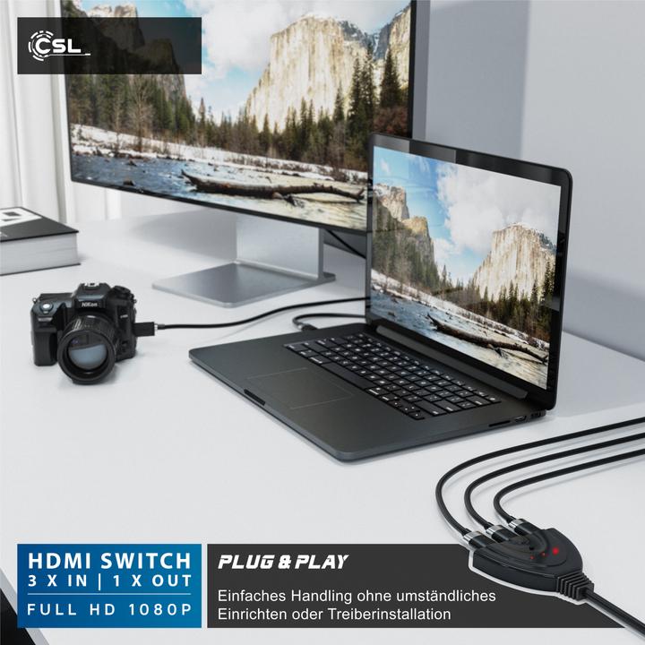 Image du produit CSL Commutateur HDMI 3 ports Full HD 1080p, commutation automatique / 3D / HDCP / CEC