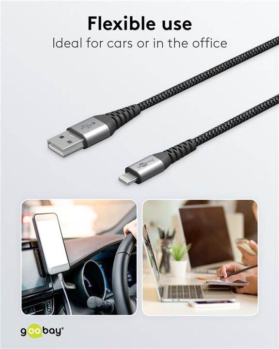 Produktbild Goobay Lightning auf USB-A Textilkabel mit Metallsteckern (space grau/silber) 1 m, 1 m, Schwarz-Grau (1 m, USB 2.0)