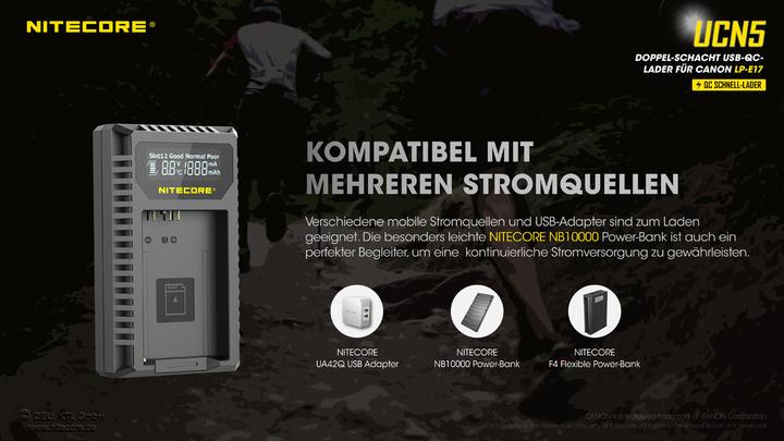 Actual product image Nitecore UCN5 Dubbele loader for LP E17 (Camera battery charger)