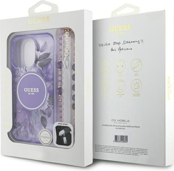 Actual product image Guess GUHMP16XHFWBRCESU iPhone 16Pro Max 6.9" fioletowy/purple hardcase IML Flowers With Pearl Strap (Apple iPhone 16 Pro Max)