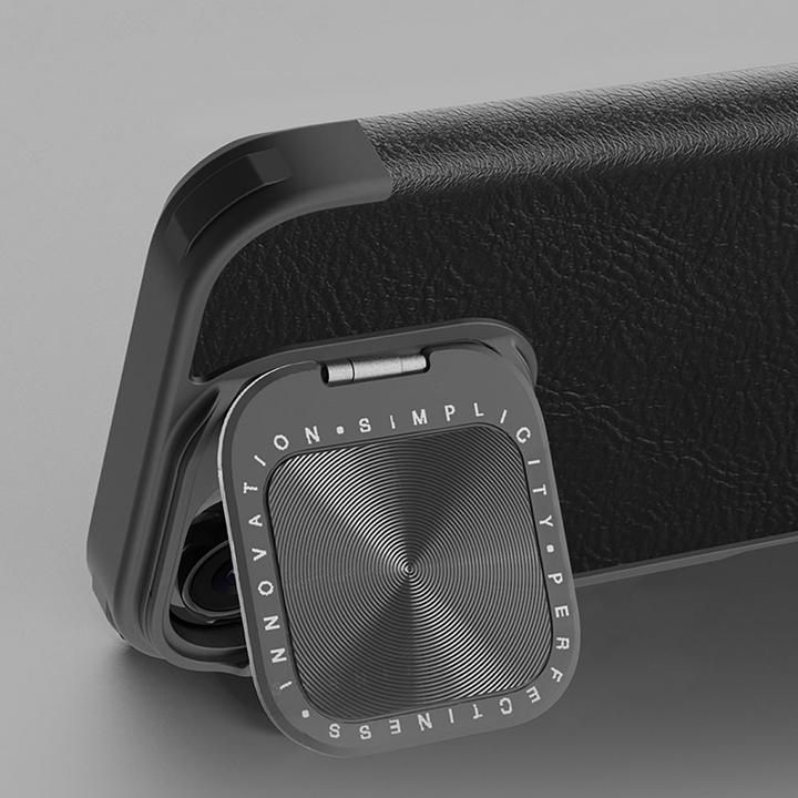 Actual product image Nillkin Qin Prop Leather Case with Camera Cover and Stand for iPhone 16 - Black (Apple iPhone 16)