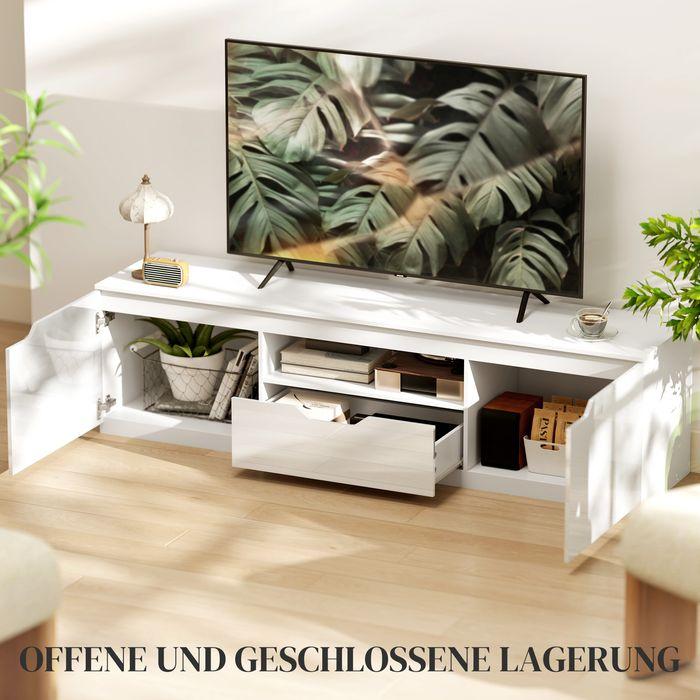 Produktbild Swisshandel24 Hochglanz TV-Lowboard für Fernseher bis 65 Zoll, 3 Fächer, Schublade, Weiss (160 x 38 x 43 cm)