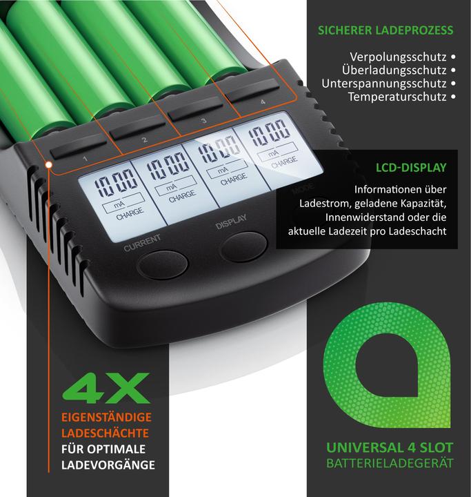 Produktbild Aplic Batterie Ladegerät 1000 mA, für Akku, mit USB-Ladeport für Li-ion / 18650 / Ni-MH / Ni-CD Akkus (18650, AA, AAA, Ladegerät ohne Akku)