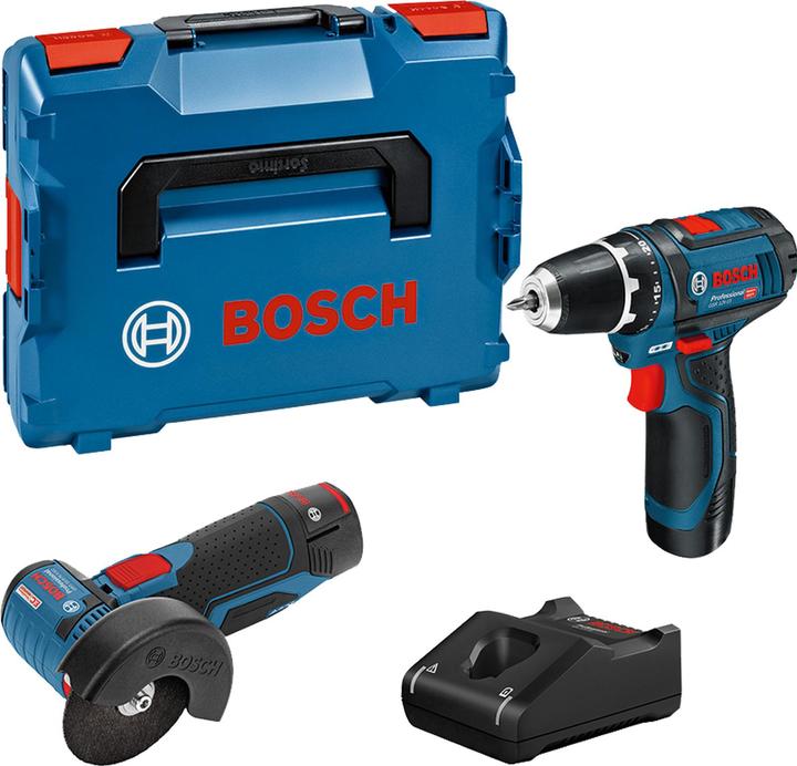 Bosch Professional Kit combinato con 2 utensili da 12V: GSR 12V-15/GWS 12V-76, 2x batteria GBA 12V 2.0Ah