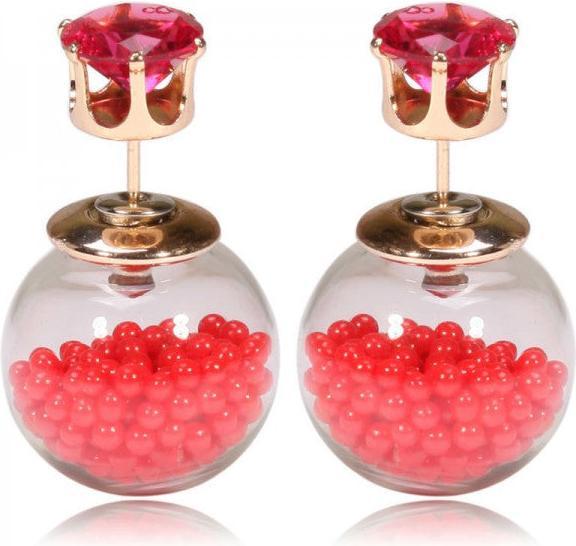 Hermex Ohrstecker vergoldet mit Perlen befüllte Glasball - Rot (vergoldete Zinklegierung, eingebettet in eine edle, Glitzernder Zirkonia, robustes Acryl, akzentuiert durch glänzendes Glas)