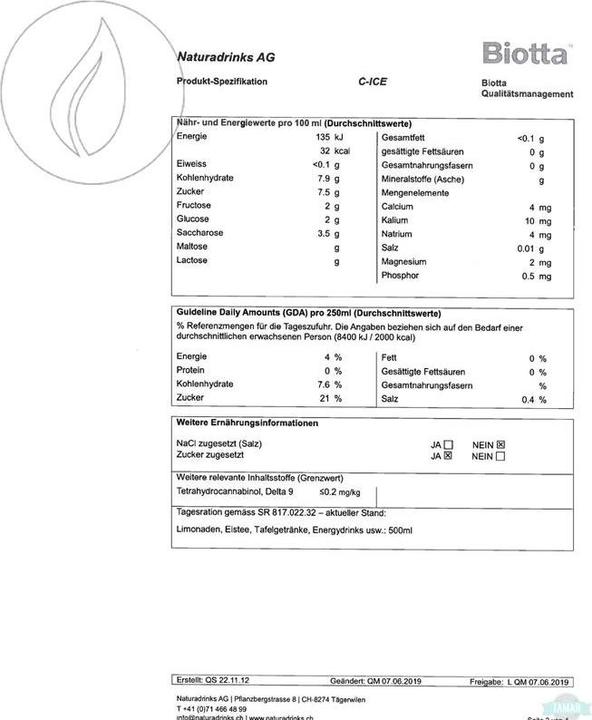 Nährwerte und Zutaten C-Ice Cannabis Ice Tea (1 x 25 cl)