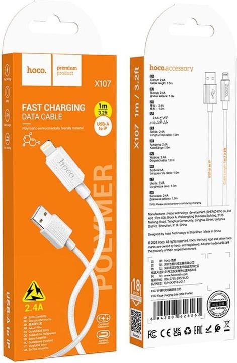Actual product image Hoco Cable cable USB A to Lightning 2,4A X107 1 m white (1 m, USB 3.2 Gen 1)