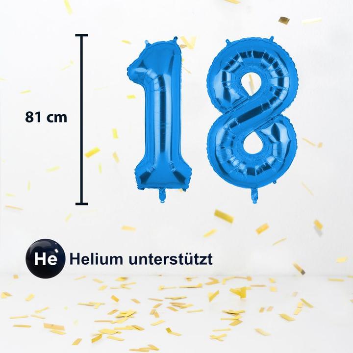 Produktbild Hermex Folienballon Zahl 18 Zahlenballon Luftballon Heliumballon Blau 81cm (1 x)