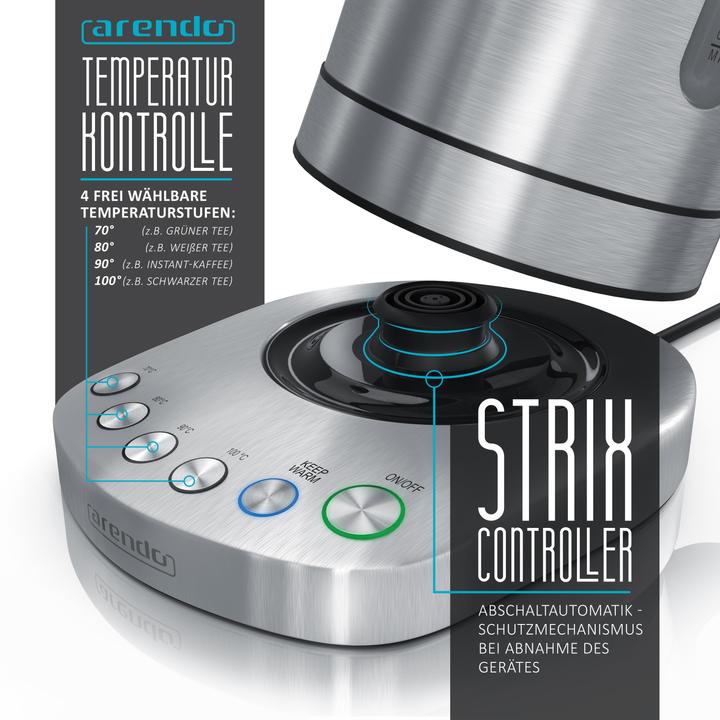 Actual product image Arendo Kettle 1.7 l, 3000 W, stainless steel, rapid boil, adjustable temperature, keep warm function (1.70 l)