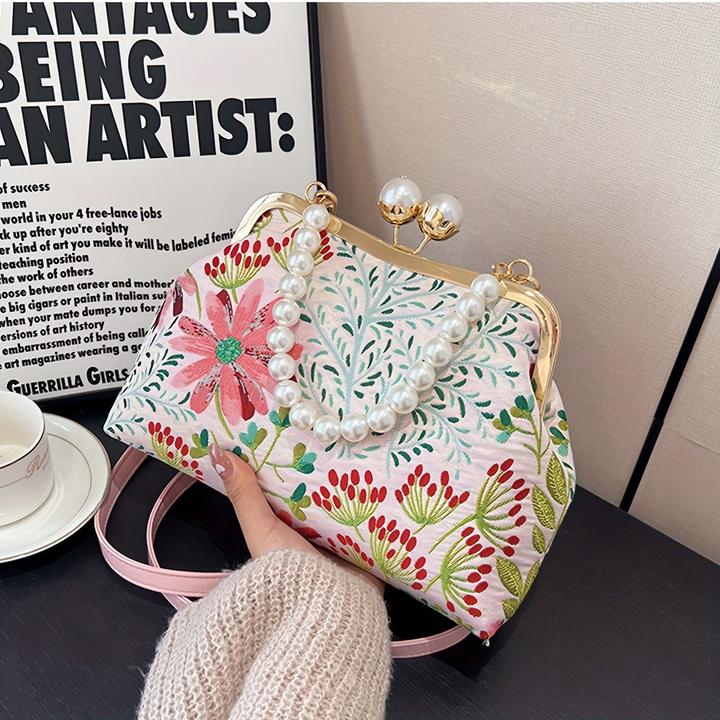 Only-Bags.Store Vintage-inspirierten Blumenmuster Design Kupplung Tasche mit faux Perle Griff, modische