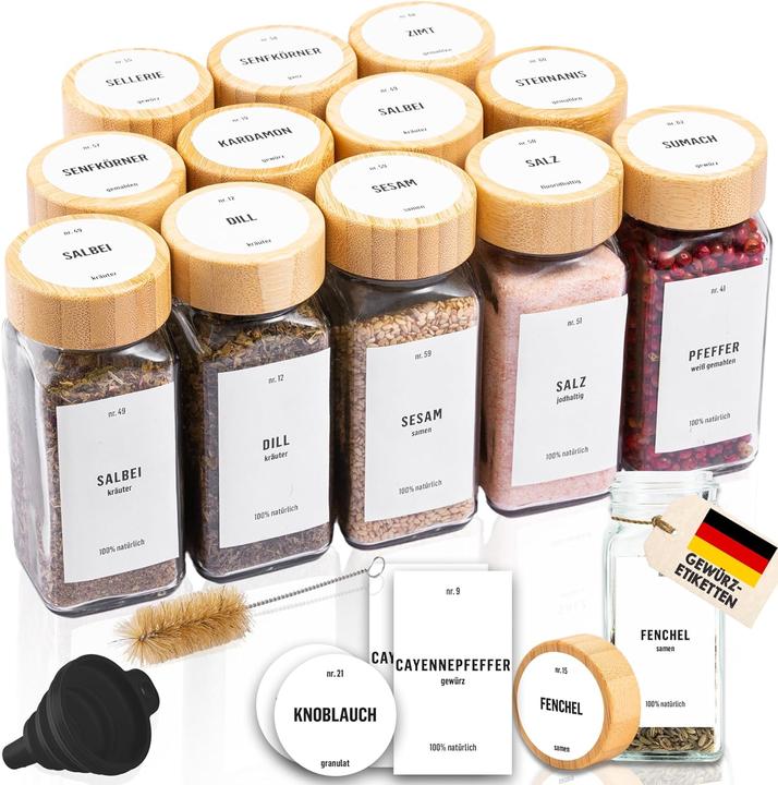 Deco haus Gewürzgläser mit Etiketten und Reinigungsbürste
