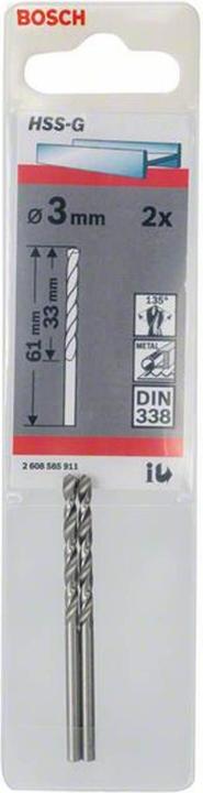 Produktbild Bosch Professional Zubehör Metallbohrer HSS-G, DIN 338, 3 x 33 x 61 mm, 2er-Pack (3 mm)
