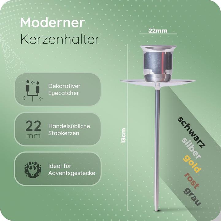 Produktbild Novaliv 4x Stabkerzenhalter Adventskranz SILBER mit Teller Kerzenteller zum Stecken rund Kerzenpick