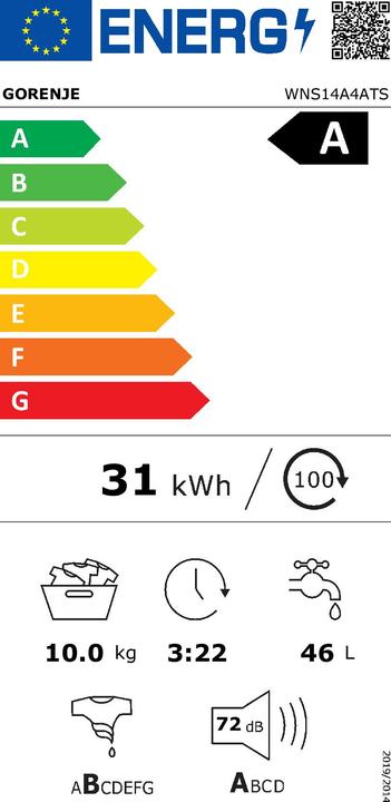 Energy Label Gorenje WNS14A4ATS Waschmaschine Frontlader 60 cm (10 kg, Left, EU plug)
