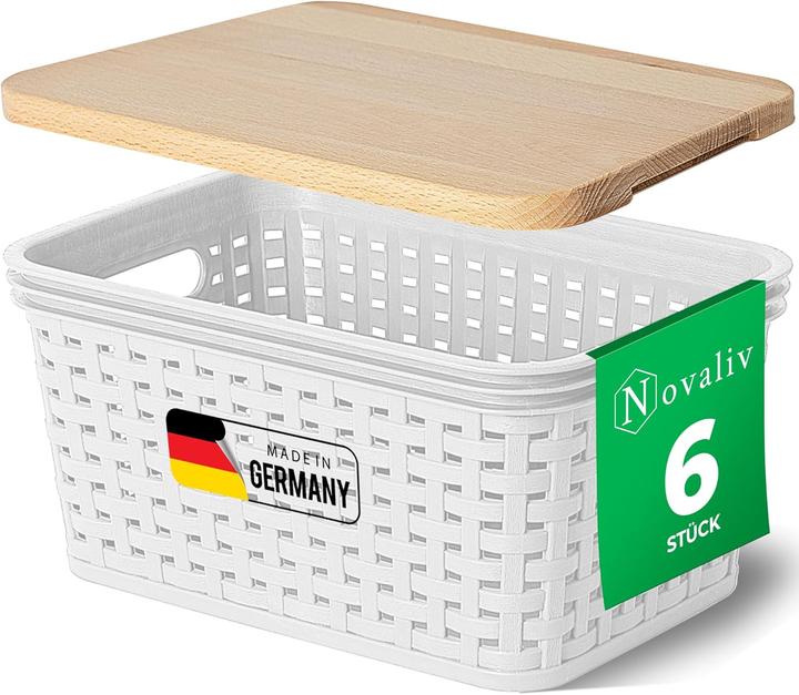 Produktbild Novaliv 6er Set Aufbewahrungsboxen mit Holzdeckel Mini 2L Korb Weiss in Rattan Design Lebensmittelech (2 l)