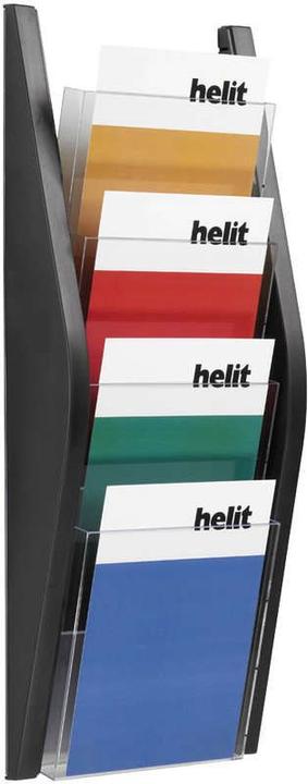 Produktbild Helit Wand-Prospekthalter, DIN A5 hoch, 4 Fächer, schwarz Seitenteile aus farbigem PP, Fächer aus glask... (A5, Hoch)