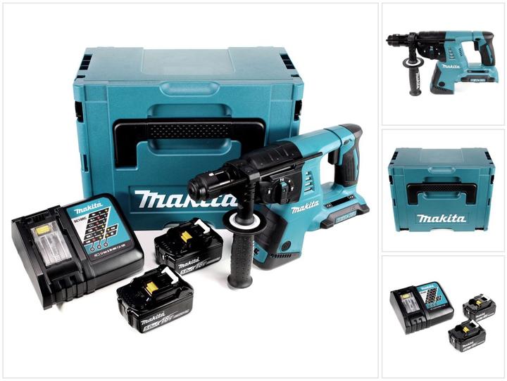1x Makita DHR 264 2 x 18 V, 36 V Li-Ion SDS Plus accuklopboormachine, 2x Makita BL 1850 B 18 V 5,0 Ah Li-Ion accu, 1x Makita DC 18 RC oplader, 1x Makita Makpac maat 4 met bijpassend inzetstuk, 1x SDS-PLUS snelspanboorhouder