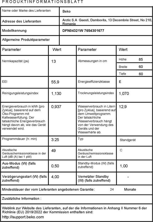 Nährwerte und Zutaten Beko DFN04321W E