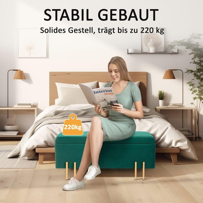 Produktbild Swisshandel24 Gepolsterte Sitzbank mit Stauraum, Metall, Kautschukholz, Schaumstoff Grün (100 cm)