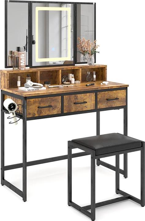 Produktbild Vichy Schminktisch Fyrk, Eiche rustikal, 90 cm mit Hocker und LED-Spiegel (90 x 40 x 137.5 cm)